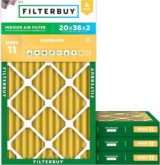 Filterbuy 20x36x2 Air Filter MERV 11 Superior Pet & Allergy Defense (4-Pack), Electrostatic Pleated HVAC AC Furnace Filters Replacement (Actual Size: 19.50 x 35.50 x 1.75)