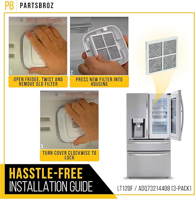 PartsBroz LT120F Refrigerator Air Filter 3-Pack for ThinQ LG Refrigerator Air Filter Replacement, Kenmore Elite Fridge Fresh Filters 46-9918 469918 9918 ADQ73214408 ADQ73214404 ADQ73214402 LMXS30776S
