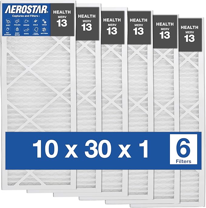 Aerostar 10x30x1 MERV 13 Air Filter, Pleated AC Furnace HVAC Filters (10x30x0.75), for Allergies Asthma Dust Pet Dander Pollen Smoke Bacteria, MPR 1200 FPR 7, USA, 6 Pack
