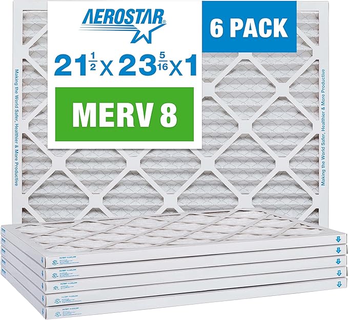 Aerostar 21.5x23.3125x1 MERV 8 Air Filter, Pleated AC Furnace HVAC Filters (21.5x23.3125x0.75), Electrostatically Charged for Allergies Dust Pet Dander Pollen Mold Lint, MPR 600 FPR 5, USA, 6 Pack