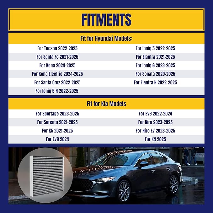 Cabin Air Filter for Hyundai for Tucson for Ioniq 5 for Santa Fe for Elantra for Kona for KIA for EV6 for EV9 for Niro EV for K5 Cabin Filter with Activated Carbon Replace 97133-L1000, 1 Pack