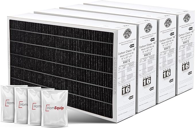 Lennox 16x25x5 Furnace Filter, X6672 Filter Replacement, Merv 16 Carbon Clean Filter Media with Homequip Disposal Bag 4-Pack (Actual Size: 15.8 x 24.8 x 4.3 Inches)