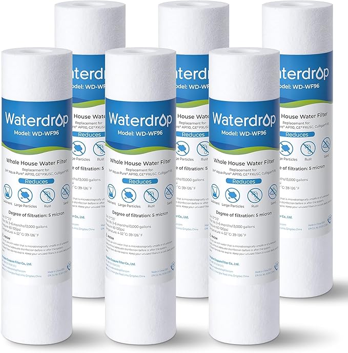 Waterdrop 5 Micron 10" x 2.5" Whole House Water Filter Replacement Cartridge, Sediment Water Filter Replacement for Any 10 inch RO Unit, Aqua-Pure® AP110, Culligan® P5, WHKF-GD05, 6 Pack