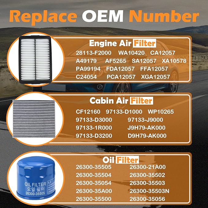 Kefly 28113-F2000 Engine Air Filter & 26300-35505 Oil Filter & 97133-D1000 Cabin Air Filter Fits for 2020-2025 Kia Soul, 2019-2024 Forte, 2018-2023 Hyundai Kona, 2019-2021 Veloster, 2017-2020 Elantra