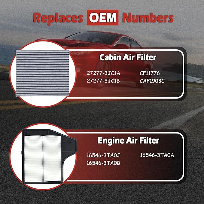 16546-3TA0J Engine Air Filter and 27277-3JC1A Cabin Air Filter kit Compatible with 2013-2018 Nissan Altima L4 2.5L Replaces CA11450 CF11776