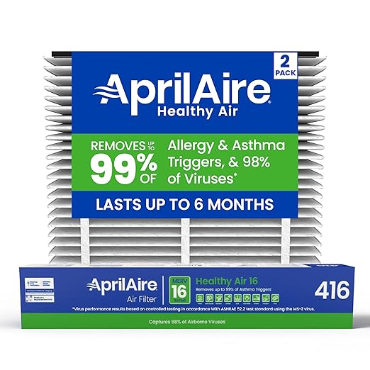AprilAire 416 Replacement Filter for AprilAire Whole House Air Purifiers - MERV 16, Allergy, Asthma, & Virus, 16x25x4 Air Filter (Pack of 2)