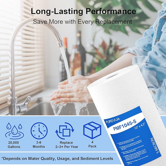 10" x 4.5" Whole House Sediment Water Filter, 5 Micron PP Melt Blown Replacement Cartridge for Well Water, Compatible with GE FXHTC, DGD-5005, RFC-BB, W15-PR, Blue/Clear Housing, 4-Pack