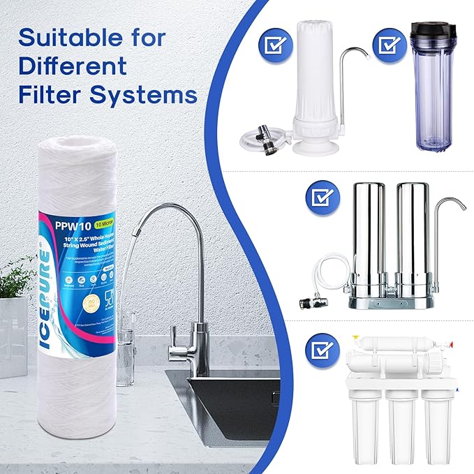 ICEPURE 10 Micron 10" x 2.5" String Wound Sediment Water Filter Cartridge for Well filter Universal Replacement for Any 10 inch RO Unit, WP-5, Aqua-Pure AP110 CFS110 Culligan P5 WFPFC4002 CW-MF, 3PACK