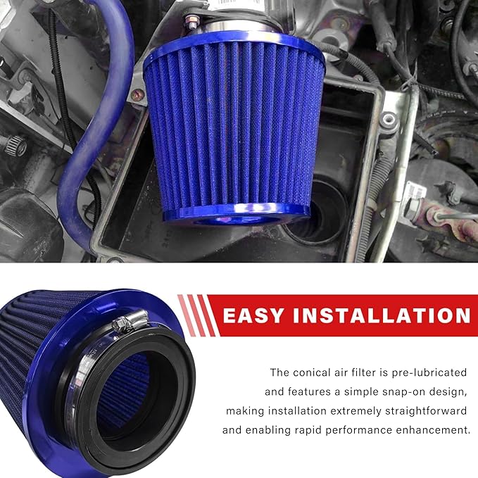 Sun Walker Clamp-on Air Intake Filter, 3/3.5/4 Inch High Flow Round Tapered Air Filter for Enhanced Engine Power, Washable & Reusable Cone Filters Replacement for Car Truck Motorcycle (Blue)