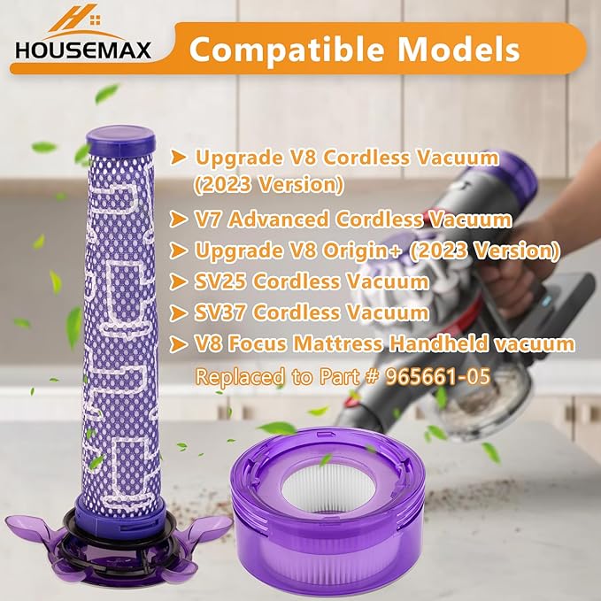 HOUSEMAX Upgraded V8 Filter Replacement Kit Compatible with Dyson V8 SV25 / V8 Animal Extra / V7 SV37 Cordless Vacuum Replaces Parts #965661-05 & #967478-05