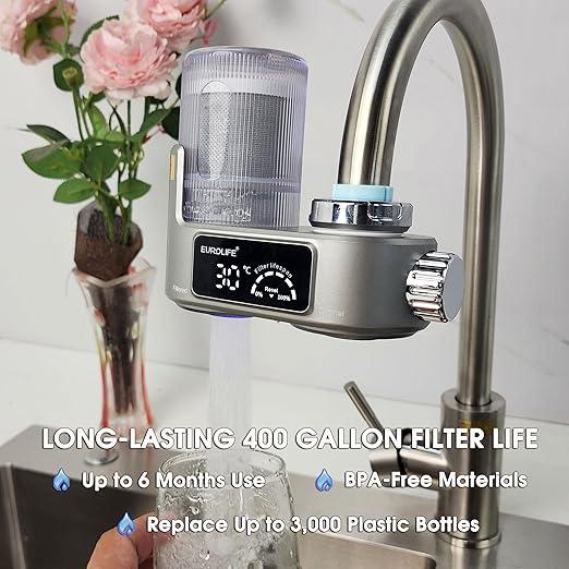 Faucet Mount Water Filter with UV Light & LED Indicator, 8-Stage Carbon Filtration for Clean Drinking Water, Includes 2 Extra Replacement Filters – Model EL-LS-A21 (Gray Color)