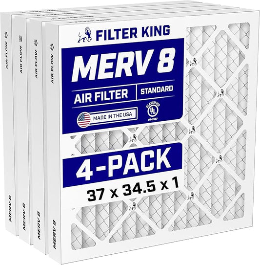 Filter King 37x34.5x1 Air Filter (MERV 8) (4-Pack) Dust & Allergy Control AC Furnace Filters, MADE IN USA, HVAC, Pleated, Electrostatic (Actual Size: 37 x 34.5 x .75)