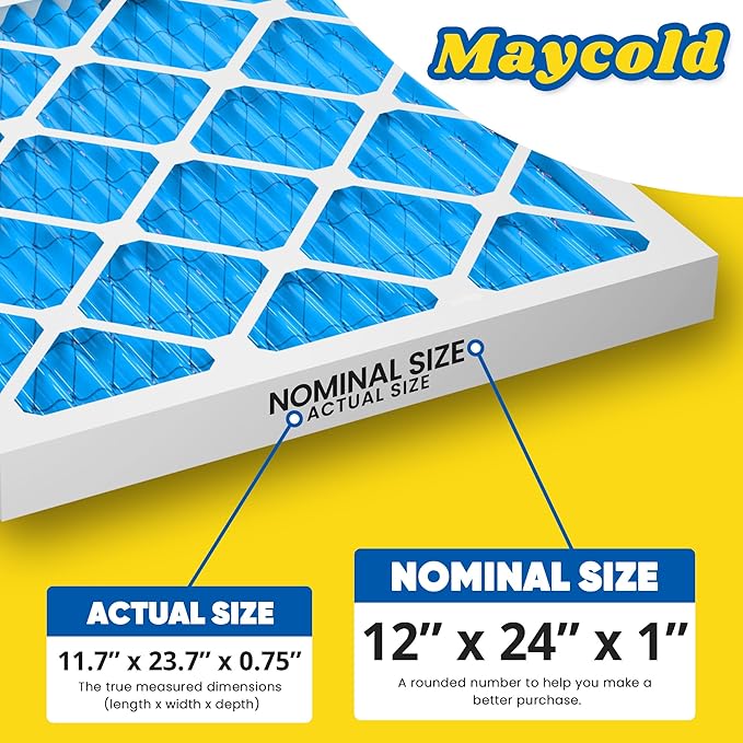 Maycold 12x24x1 MERV 11 Furnace Air Filter (6-Pack), High-Performance HVAC AC Filters for Home Use, Actual Size: 11.70” x 23.70” x 0.75”, Individually Wrapped in Plastic