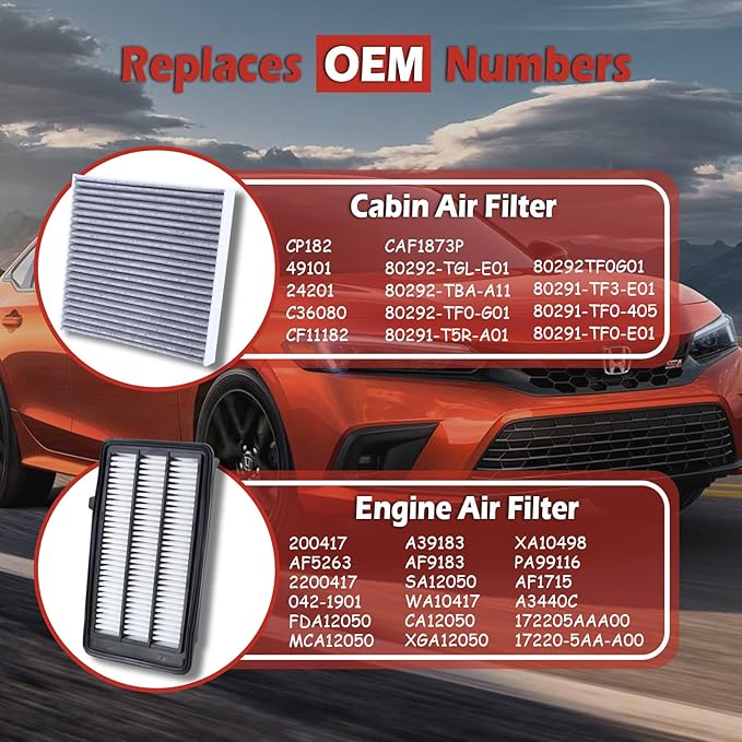 17220-5AA-A00 Engine Air Filter and 80292-TF0-G01 Cabin Air Filter kit Compatible with Honda 2017-2022 CR-V 2016-2021 Civic 1.5L Not For Hybrid Replaces AF5263 AF9183 PA99116 CF11182 80291-T5R-A01
