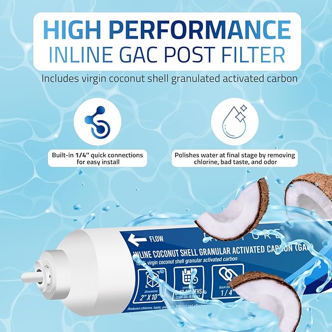 Metpure In line Water Filter 2" x 10" Coconut Shell Post Activated Carbon Water Filter Replacement with 1/4" OD Quick Connects for Inline Reverse Osmosis RO Water Filtration, Refrigerator, Ice Maker