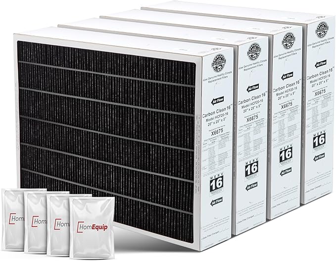 Lennox 20x25x5 Furnace Filter, X6675 Filter Replacement, Merv 16 Carbon Clean Filter Media with Homequip Disposal Bag 4-Pack (Actual Size: 19.8 x 24.8 x 4.3 Inches)