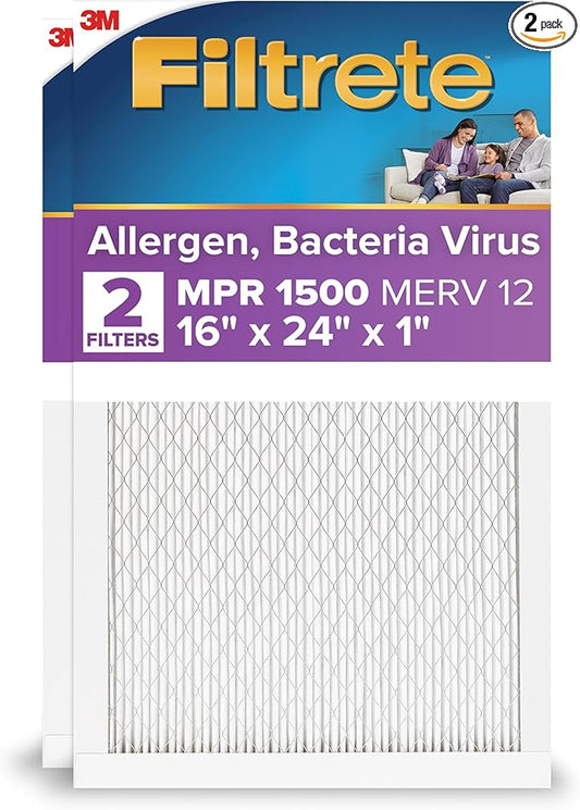 Filtrete 16x24x1 AC Furnace Air Filter, MERV 12, MPR 1500, CERTIFIED asthma & allergy friendly, 3 Month Pleated 1-Inch Electrostatic Air Cleaning Filter, 2-Pack (Actual Size 15.81x23.81x0.78 in)