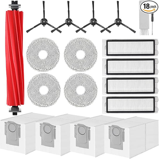 Accessories Kit Replacement for Roborock Q Revo/Qrevo 2R3W, QX Revo/QRT78 Robot Vacuum, 1 Main Brush, 4 Mop Pads, 4 HEPA Filters, 4 Black Side Brushes, 4 Dust Bags, 1 Cleaning Tool