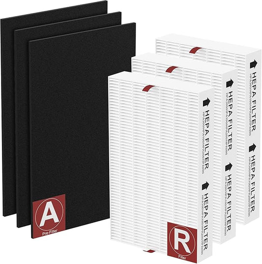 3 Packs HPA100 Filter R Replacement, Compatible with Honeywell Air Purifi-er HPA100, HPA094, HPA101, HPA104, HPA105, HPA3100, HPA5100, 3 R Filter and 3 Activated Carbon Pre-Filter A