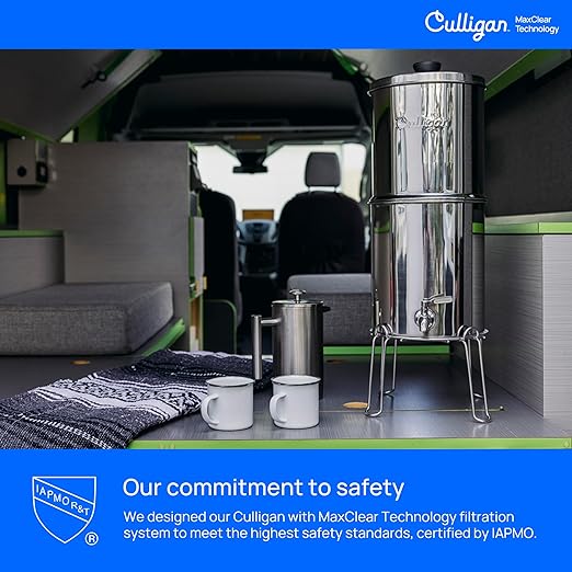 Culligan MaxClear 2.25 Gallon Gravity Water Filter System, Polished Stainless-Steel Countertop Water Filter NSF/ANSI Certified to Reduce Microplastics, Lead & Total PFAS, with 1 Ceramic Filter