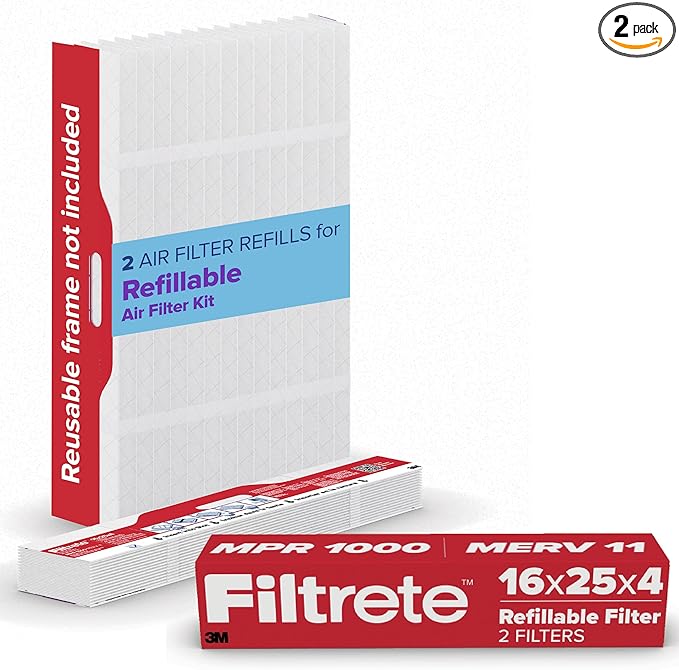 Filtrete 16x25x4 Refillable Air Filter replacement, MPR 1000, MERV 11, Allergen Defense, 2 Pack, use with reusable air filter frame of Filtrete Refillable Air Filter Kit 16x25x4, for HVAC, Furnace, AC