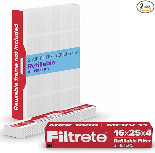 Filtrete 16x25x4 Refillable Air Filter replacement, MPR 1000, MERV 11, Allergen Defense, 2 Pack, use with reusable air filter frame of Filtrete Refillable Air Filter Kit 16x25x4, for HVAC, Furnace, AC