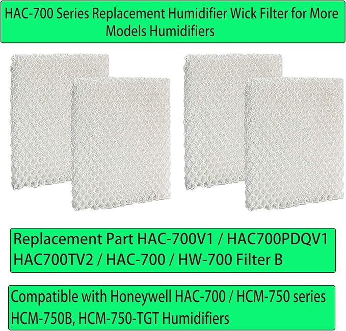HAC-700 HW-700 Replacement Wick Filter: Replace for Honeywell HAC-700V1 HAC700PDQV1 HAC700TV2 HCM-750 HCM-750B Humidifiers Filter B - 4 Pack, White