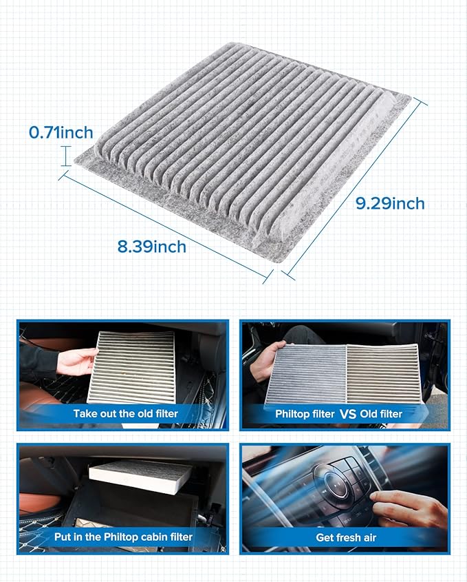PHILTOP Cabin Air Filter w/Activated Carbon, Compatible with CF10138 Toyota Highlander 2001-2007, Lexus RX300 1999-2003, IS300 2001-2005, Carbon Filter Up Dust Pollen Odor