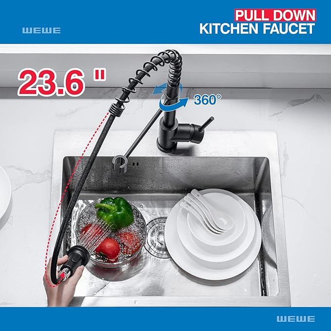 WEWE Faucet for Kitchen Sink, Kitchen Faucets Black Stainless Steel Commercial Spring Kitchen Faucet with Pull Down Sprayer, One Hole or 3 Hole Kitchen Faucet for RV Outdoor Farmhouse Camper Bar Sinks