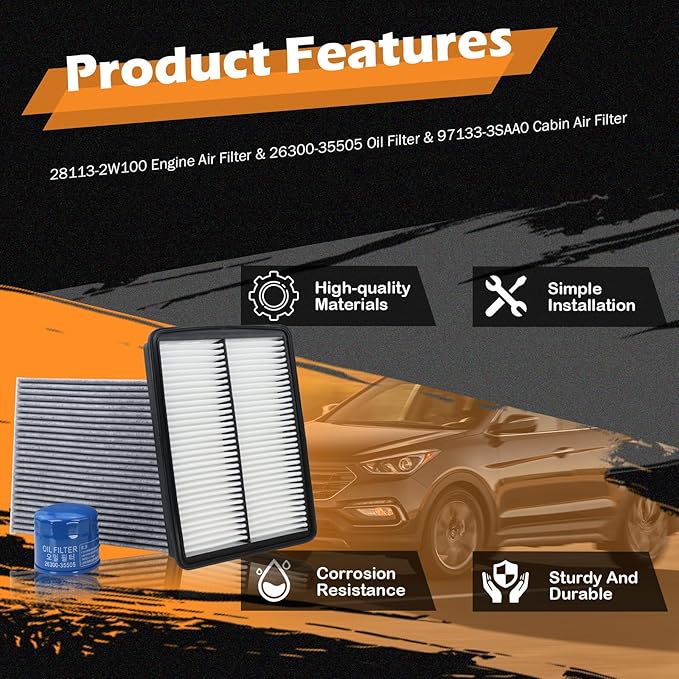 Kefly 28113-2W100 Engine Air Filter & 26300-35505 Oil Filter & 97133-3SAA0 Cabin Air Filter Fits for 2013-2018 Hyundai Santa Fe, 2013-2019 Santa Fe XL, 2013-2016 Santa Fe Sport