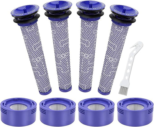 V8 V7 Animal Filter Replacement for Dyson V7 V8 Animal Absolute Motorhead Cordless Stick Vacuum Cleaner, 4 Post Filter, 4 Pre Filter and V8 V7 Roller Brush, Part # 965661-01 & 967478-01