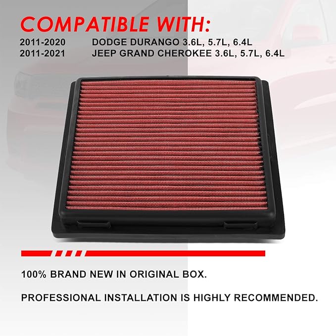 Auto Dynasty High Flow Engine Air Panel Filter Drop-in Reusable & Washable Reuseable Compatible with 2011-2021 Durango Grand Cherokee 3.6L 5.7L 6.4L (Red)