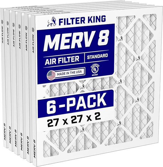 Filter King 27x27x2 Air Filter (MERV 8) (6-Pack) Dust & Allergy Control AC Furnace Filters, MADE IN USA, HVAC, Pleated, Electrostatic (Actual Size: 26.5 x 26.5 x 1.75)