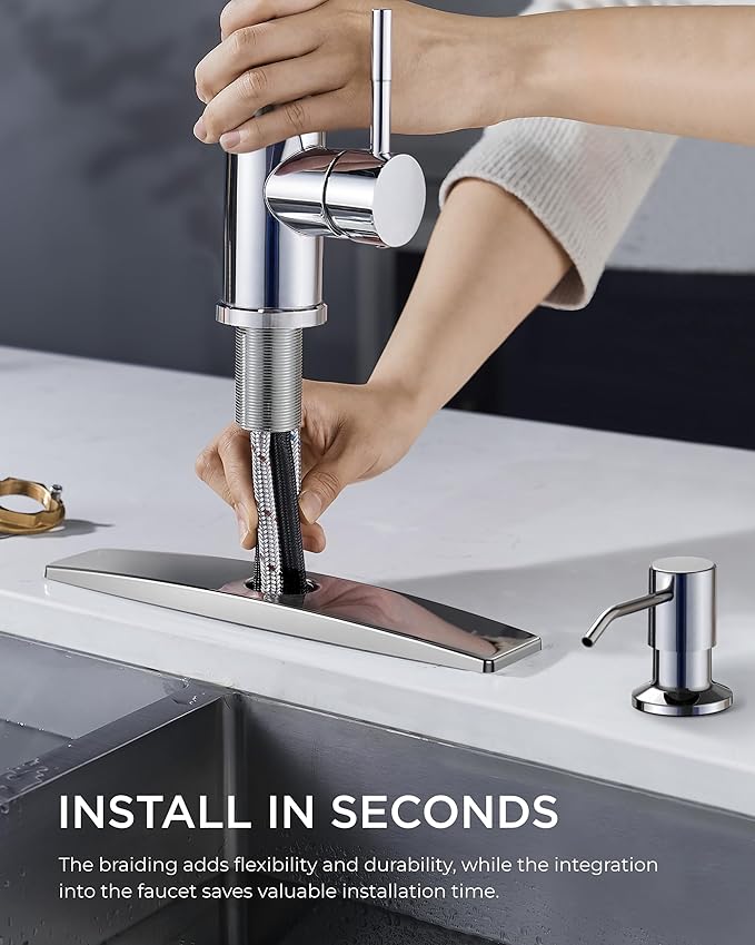 FORIOUS Kitchen Faucets with Soap Dispenser and Pull Down Sprayer, Chrome, Bar High Arc Single Handle Classic 3 Modes Stainless Steel Faucet for Kitchen Sink Farmhouse RV Laundry Camper