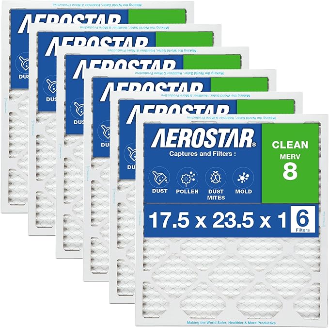 Aerostar 17.5x23.5x1 MERV 8 Air Filter, Pleated AC Furnace HVAC Filters (17.5x23.5x1), Electrostatically Charged for Allergies Dust Pet Dander Pollen Mold Lint, MPR 600 FPR 5, USA, 6 Pack