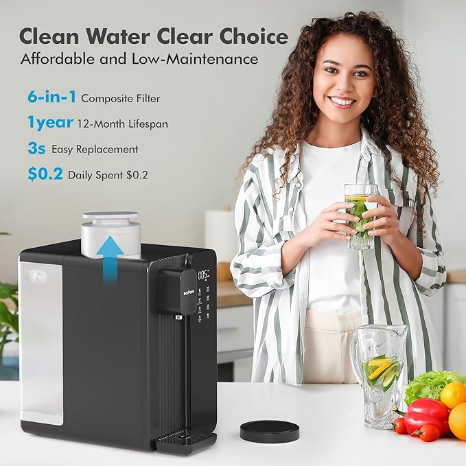 Ecoviva MATE4 UV Countertop Reverse Osmosis Water Filter System, 4 Temperature Options, 7 Stages Instant Hot RO Water Filtration System, 3:1 Pure to Drain, TDS & Filter Life Monitor, (Black & Grey)