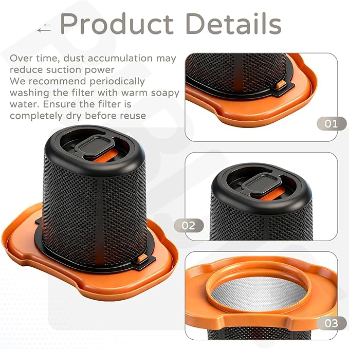 N651381 Vacuum Pre-Filter & HHVKF10 Filter for Black & Decker Vacuum Cleaner HHVK, HHVK320J, HHVK320J10, HHVK320JZ01, HHVK320J12, HHVK415B01, HHVK515J, HHVK515JP Handheld Vacuum Filter Washable
