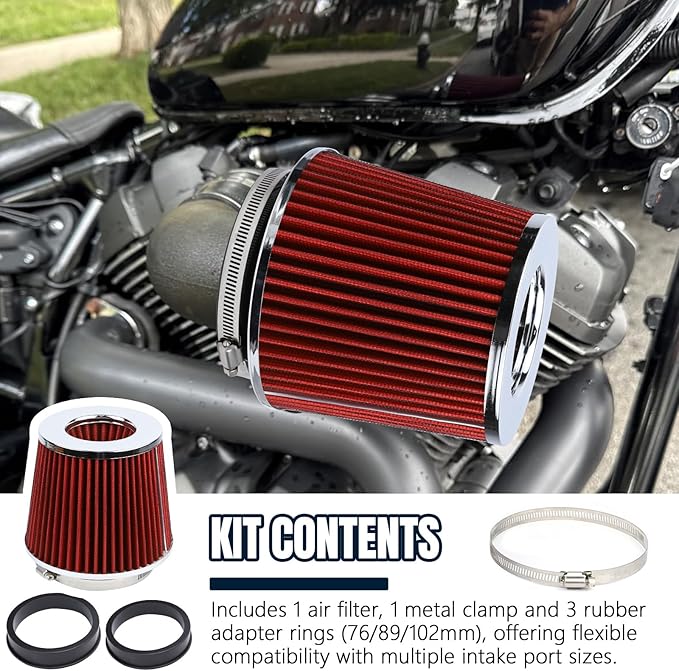 Hovom Universal Clamp-On Air Intake Filter, 76 89 102MM (3/3.5/4in) High Flow Round Tapered Cold Air Intake Filter, High Performance, Washable & Reusable, Engine Filters Replacement (Red)