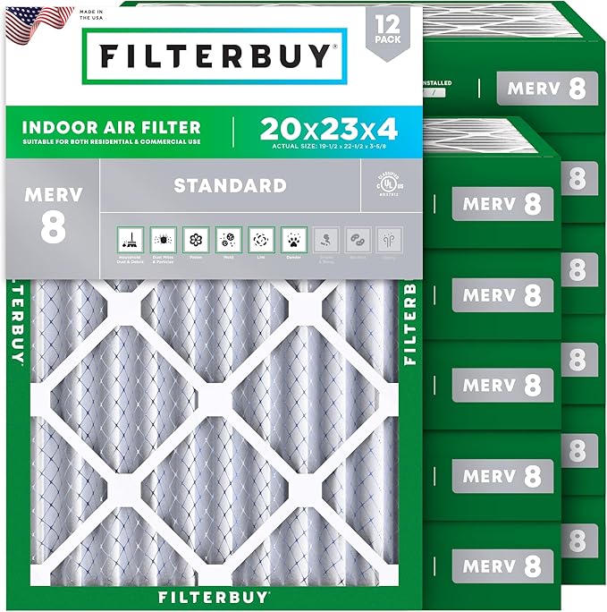 Filterbuy 20x23x4 Air Filter MERV 8 Essential Dust & Allergy Defense (12-Pack), Electrostatic Pleated HVAC AC Furnace Filters Replacement (Actual Size: 19.50 x 22.50 x 3.63)