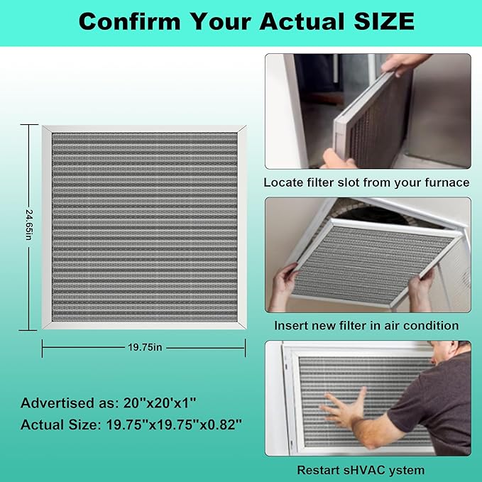 (2 Pack) 20x20x1 Reusable Air Filter, Washable Filter, Electrostatic, MERV 8, Lasts a Lifetime-HVAC AC Furnace Systems Air Filter (Actual Size: 19.75x19.75x0.82Inch)