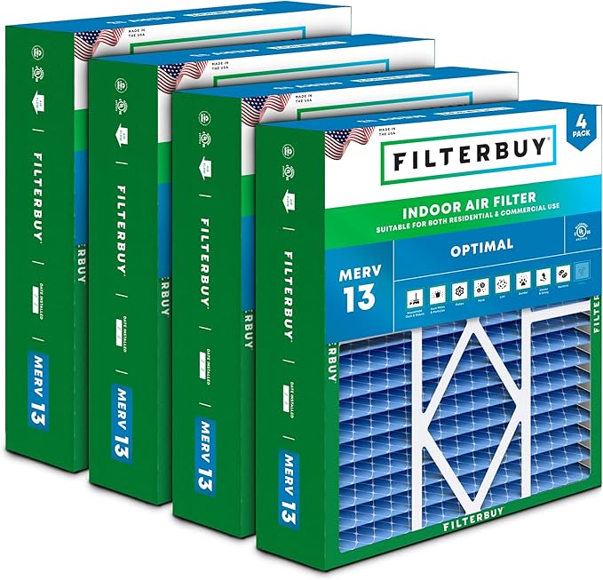 Filterbuy 20x25x5 Air Filter MERV 13 Optimal Smoke & Allergy Defense (4-Pack), Pleated HVAC AC Furnace Filters for Amana, Coleman, Goodman, Maytag, York, and More (Actual Size: 20.19 x 25.31 x 5.25)
