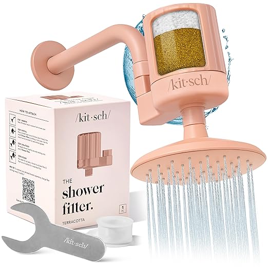 Kitsch Shower Head Filter for Hard Water – Shower Water Filter with KDF-55 & Calcium Sulfite, Shower Filter to Reduce Chlorine & Impurities, Water Softener for Healthier Hair & Skin - Terracotta