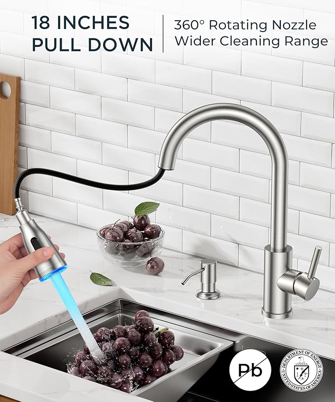 FORIOUS LED Kitchen Faucet with Soap Dispenser and Pull Down Sprayer, Brushed Nickel High Arc Single Handle 3 Modes Stainless Steel Bar Faucet for Kitchen Sink Wet Laundry Camper