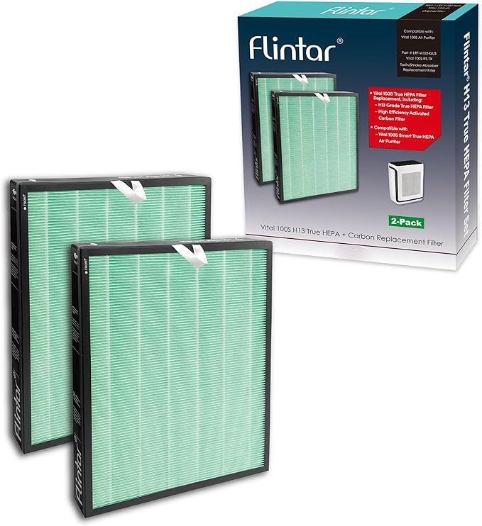 Flintar Vital 100S Toxin/Smoke Absorber Filter, Compatible with LEVOIT Vital 100S Air Purifier, H13 Grade Filtration + Activated Carbon filter, Part # Vital 100S-RF-TX, 2-Pack