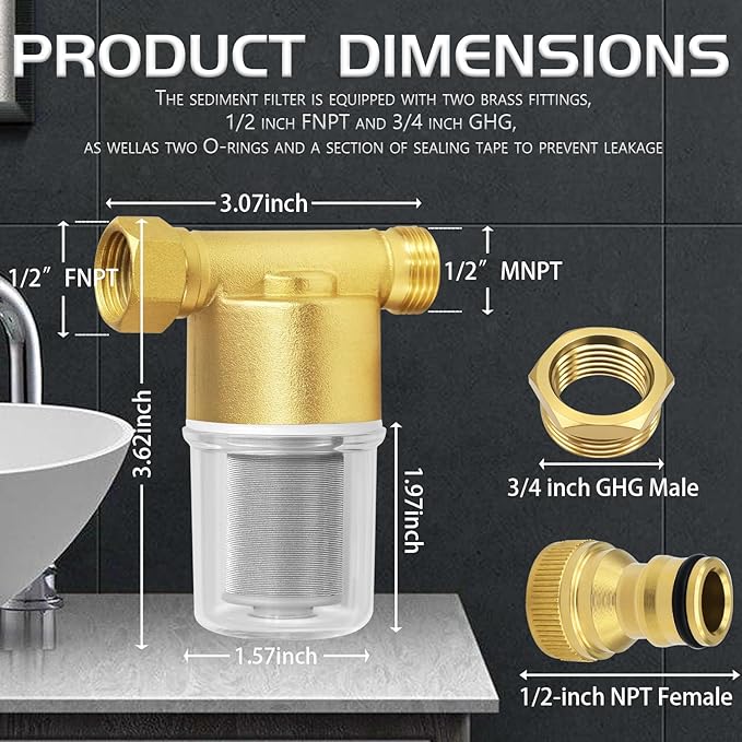 40 Micron Reusable Brass Inline Sediment Filter - Universal Fit for Washing Machine, Shower, Garden Hose & Well Water - Anti-Clogging Design with Pipe Sealant Tape