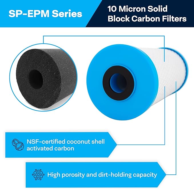 SpiroPure SP-EPM-BB 10x4.5 10 Micron NSF Certified Coconut Shell Carbon Block Water Filter Cartridge EPM-BB 155782-43 CB-45-1010 (Case of 6)
