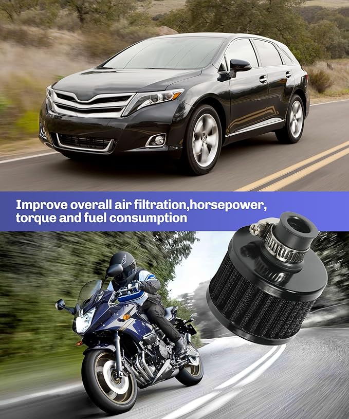 2Pcs Mini Air Filter Vent Crankcase Breather, Cold Air Intake Filter for Car, Motorcycle (Black)