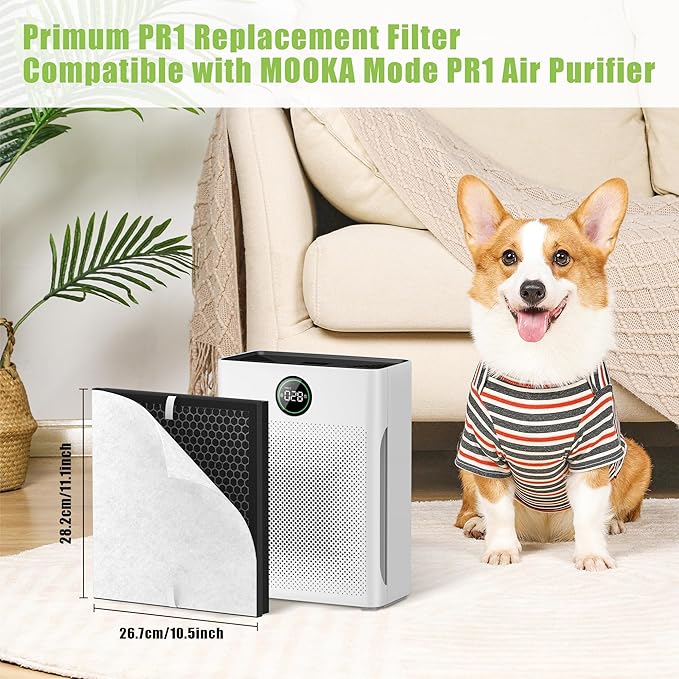 PR1 Replacement Filter Compatible wtih Mooka PR1 Air Purifier, 2 Pack H13 True HEPA Filter for Home Large Room up to 2200sq.ft Includes 4 Pcs Washable Pre Filters Removes Pollen Dander Smoke Pet Hair