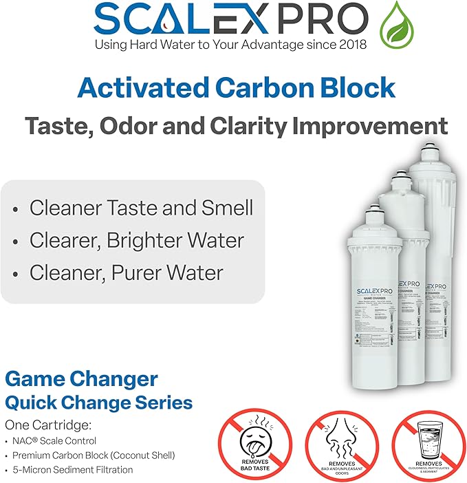 Game Changer 12” Hard Water Scale Prevention Filter – Salt-Free NAC Technology Prevents Scale Up to 26 Grains, Removes Chlorine & Other Common Municipal Water Chemicals, 6,000 Gallons