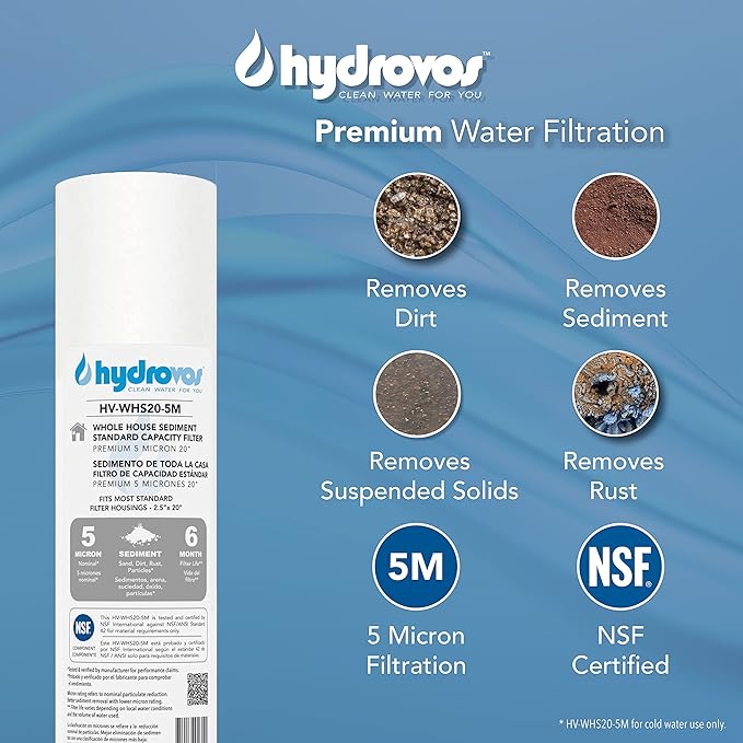 HYDROVOS 5 Micron 20" x 2.5" Whole House Water Filter, Universal Fit, 20-Inch Spun Wound Replacement Cartridge with 6 month Filter Life, NSF Certified Sediment Filter for Home Water Filtration System